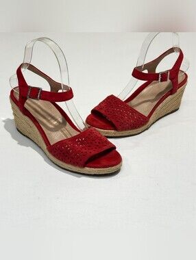 Vionic Ariel Red Suede Laser Cut Espadrille Wedge Sandals Ankle Strap Women's 7M